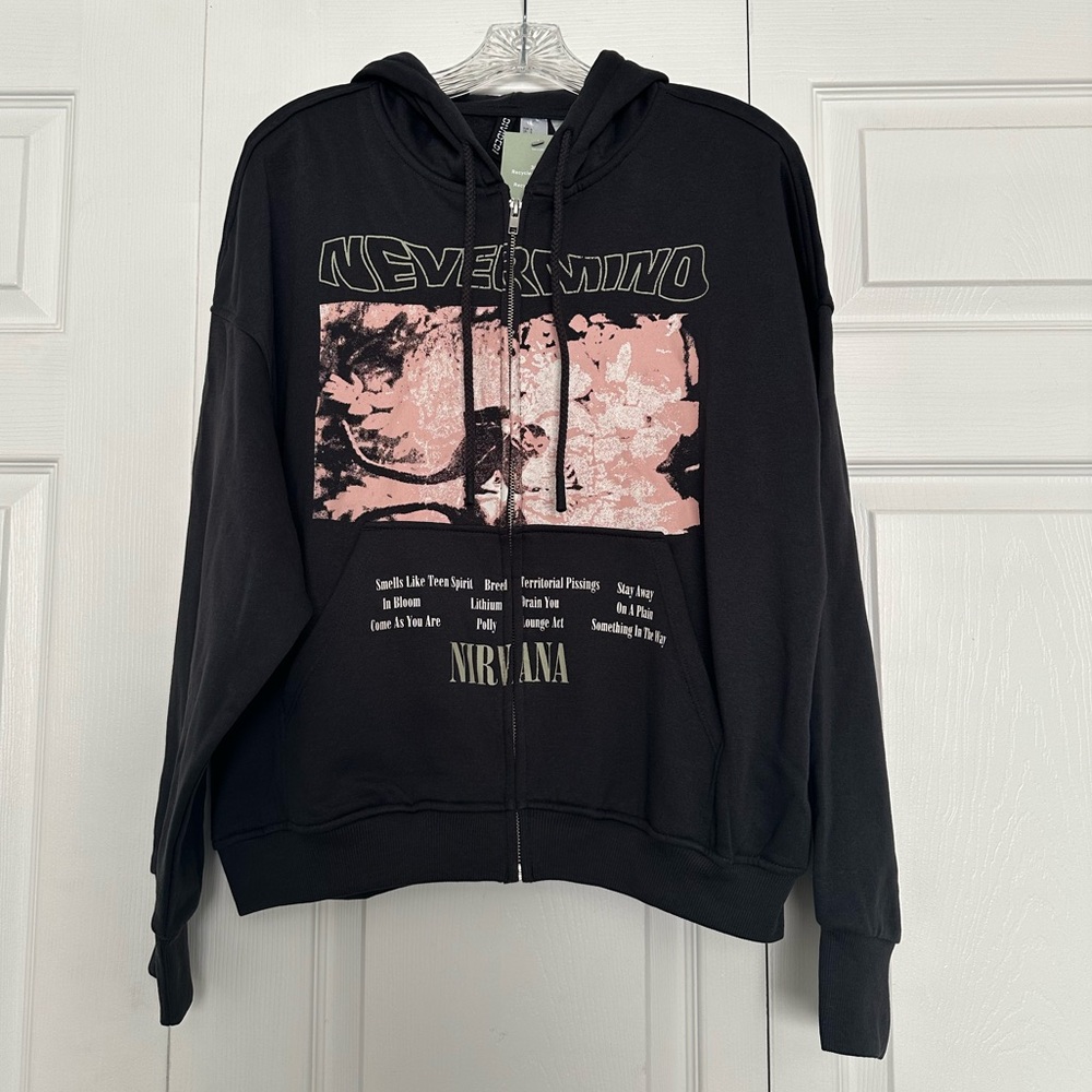 H&M Nirvana Zip Up Hoodie in Charcoal Gray - Size S - Nevermind Graphic